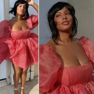 Selkie The Baby Gingham Puff Dress Sleeve Check Red Mini Princess Size L - Picture 1 of 10