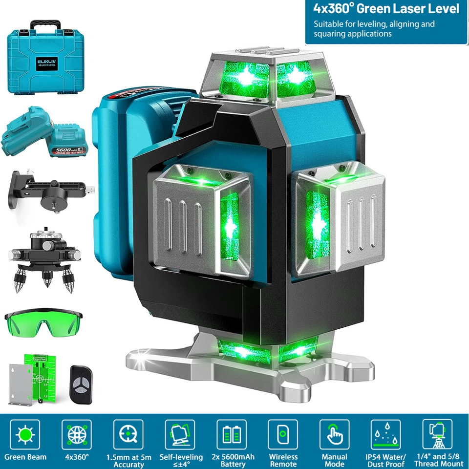 Elikliv 360° 4D 16 Line Automatic Self-Leveling Laser Level Green 200ft Measure