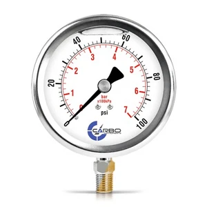 4" Pressure Gauge, Stainless Steel Case, Liquid Filled, Lower Mnt 100 PSI - Picture 1 of 6