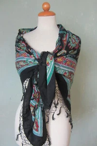 Tuch Trachtentuch Halstuch groß schwarz blau Fransen Ethno 105 cm / 105 cm - Bild 1 von 2