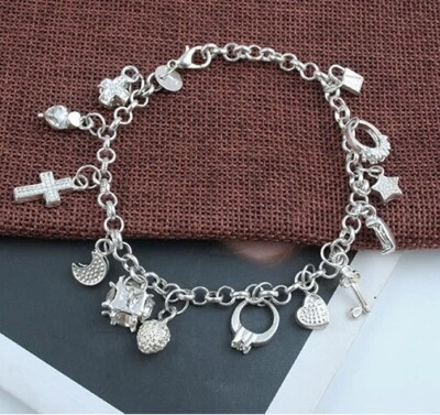 Bracciale Amore Cuore Donna Placcato in Argento 925 con 13 Charms Moda Stile - Immagine 1 di 3