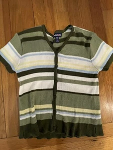 Vintage Limited Too Girls Sz 12 Short Sleeve Green Striped Cropped Cardigan 90s - Picture 1 of 6