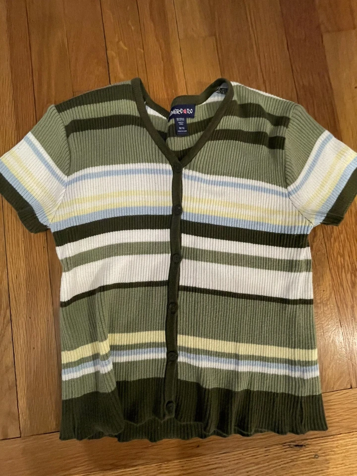 Vintage Limited Too Girls Sz 12 Short Sleeve Green Striped Cropped Cardigan 90s - Image 1 of 4