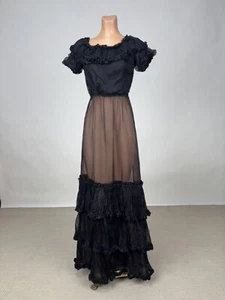 Antique 1900s Black Silk Chiffon Full Length Dress w/ Pleats & Ruffles AS IS - Picture 1 of 22