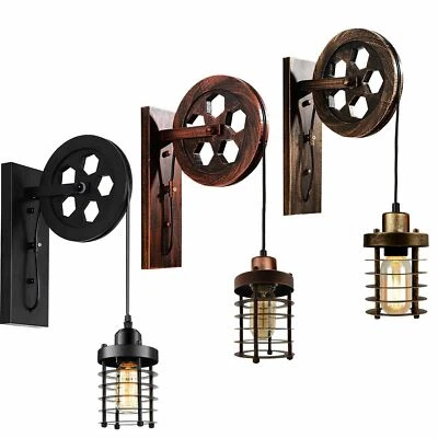 Wheel Wall Light Retro Industrial E27 Fitting Pully Wall Hanging Lamp Fixture UK - Image 1 of 4