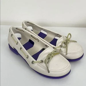 Crocs Women's 5 Beachline Boat Shoes White Purple Casual Lightweight Closed Toe - Picture 1 of 7