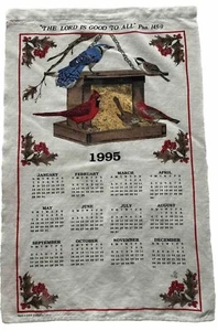 Vtg Linen Tea Towel Wall Hanging 1995 Calendar Bird Feeder Cardinal Religious US - Picture 1 of 15