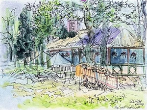 Original Aquarell und Tinte Malerei Moderne polnische Landschaft Tolkmicko signiert - Bild 1 von 4