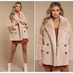 Free People Kate Faux Fur Double Breasted Teddy Coat Apricot Sz S - Picture 1 of 13