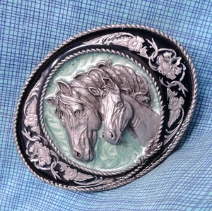 Western Horses Belt Buckle Mare & Foal Rope & Scroll Vtg 90s Siskiyou    .GMP710 - Picture 1 of 10