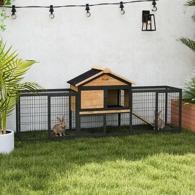 PawHut Rabbit Hutch, Guinea Pig Hutch Outdoor with Steel Run, Tray, Ramp - Image 1 of 4
