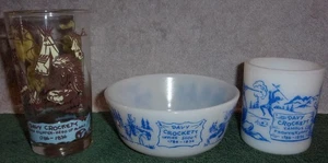 Vintage Davy Crockett Blue Child's Milk Glass Dishes Set - Bowl, Mug & Glass - Picture 1 of 11