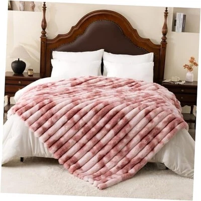 Throw Blanket for Couch - 90" x 90" Faux Rabbit Fur Throw Queen (90"x 90") Pink - Image 1 of 4