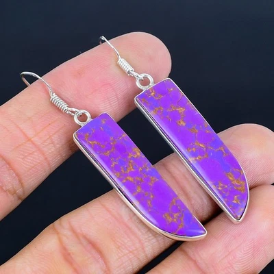 Pendientes hechos a mano enchapados en plata 925 turquesa púrpura cobre de 2,37" Foto 1 de 3