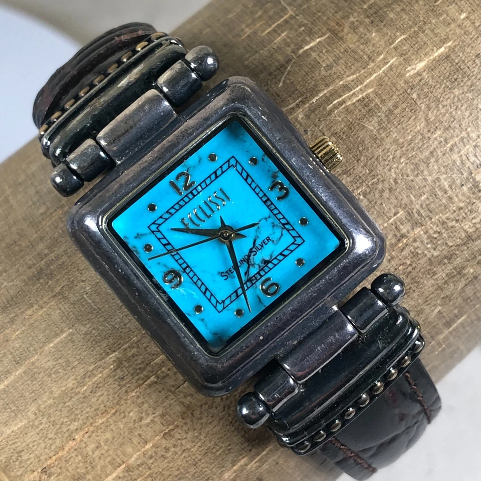 Ecclissi Women 22490 Leather Sterling Silver Case Square Quartz 23mm Watch 7" - Image 1 of 4