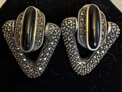 Vintage Judith Jack Sterling Silver Black Onyx Marcasite Doorknocker Omega Backs - Image 1 of 4
