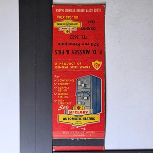 McClary Automatic Heating Granby Quebec Vintage 1950s Matchbook - Picture 1 of 3