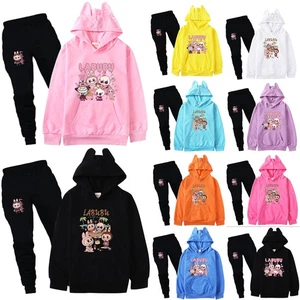 Boys Girls Labubu Tracksuit Cosplay Costume Kids Cartoon Hoodie Top+Pants Outfit - Picture 1 of 48