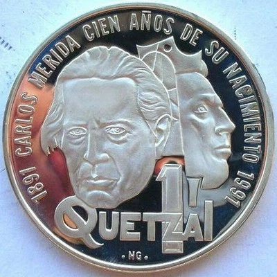 Guatemala 1992 Carlos Merida Quetzal Silver Coin,Proof - Image 1 of 2