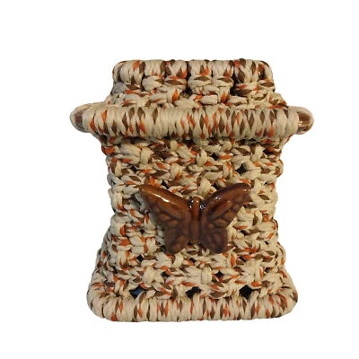 Vintage Macrame Tissue Box Cover Brown Tones With Ceramic Butterfly Accent - Image 1 of 4