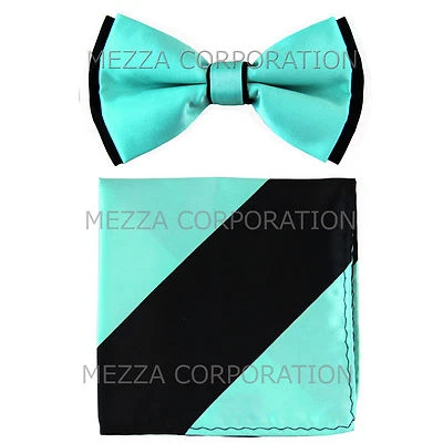 Nuevo conjunto de pajarita y pañuelo preatado para hombre dos tonos graduación verde aguamarina rayas negras Foto 1 de 3