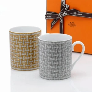 Hermes Mosaique au 24 Mug Cup Set of 2 Gold Platinum Porcelain w/ Box New - Picture 1 of 2