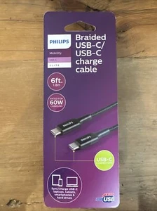 PHILIPS USB-C/USB-C Charge Cable Braided 6ft length Rated for 60W Black NIB - Picture 1 of 2