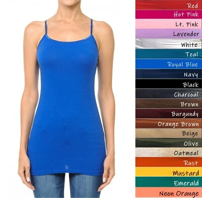 Long Tank Top Adjustable Spaghetti Bra Strap Layering Plain Cami  S/M/L - Image 1 of 4