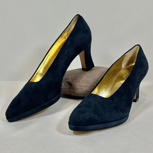 Paloma Size 9 Narrow Blue Suede Leather Square Pumps Heels, Italy AA 13 - Picture 1 of 10