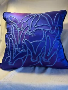 Hunt Slonem Hand-Embroidered Silk & Velvet Bunny Pillow Indigo 18 x 18 NWOT * - Picture 1 of 3