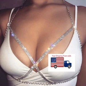 Silver Rhinestone Bra Harness Chest Body Chain Beach Bikini Bra Jewelry - Picture 1 of 6