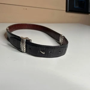 Vintage Etched Silver Buckle Leather Belt Reversible Black Brown Western Style - Picture 1 of 9