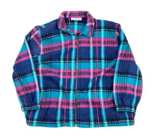 VTG 90s Colorful Pink Check Plaid Fleece Full-Zip Shirt Jacket Women's 2XL - Picture 1 of 4