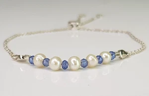 Sapphire Natural Pearl Cable Chain Bracelet 925 Sterling Silver Adjustable 24cm - Picture 1 of 16
