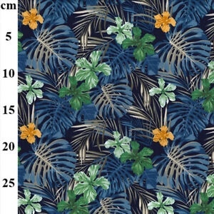 100% Cotton Fabric Hawiian Palm Leaf Green Floral on Navy Craft Fabric Material