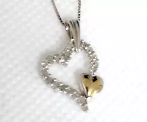 Vintage GND 10K White & Yellow Gold Diamond 2 Heart Pendant 14K Necklace 16" - Picture 1 of 10
