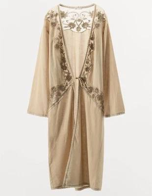 Zara Long Beaded Embroidered Lace Linen Kimono Beige Size XS-S 7521/529  - Image 1 of 4
