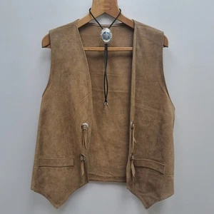 Suede Tan Leather Waistcoat Jacker Bolo Tie American Style Cowboy Western - Picture 1 of 5
