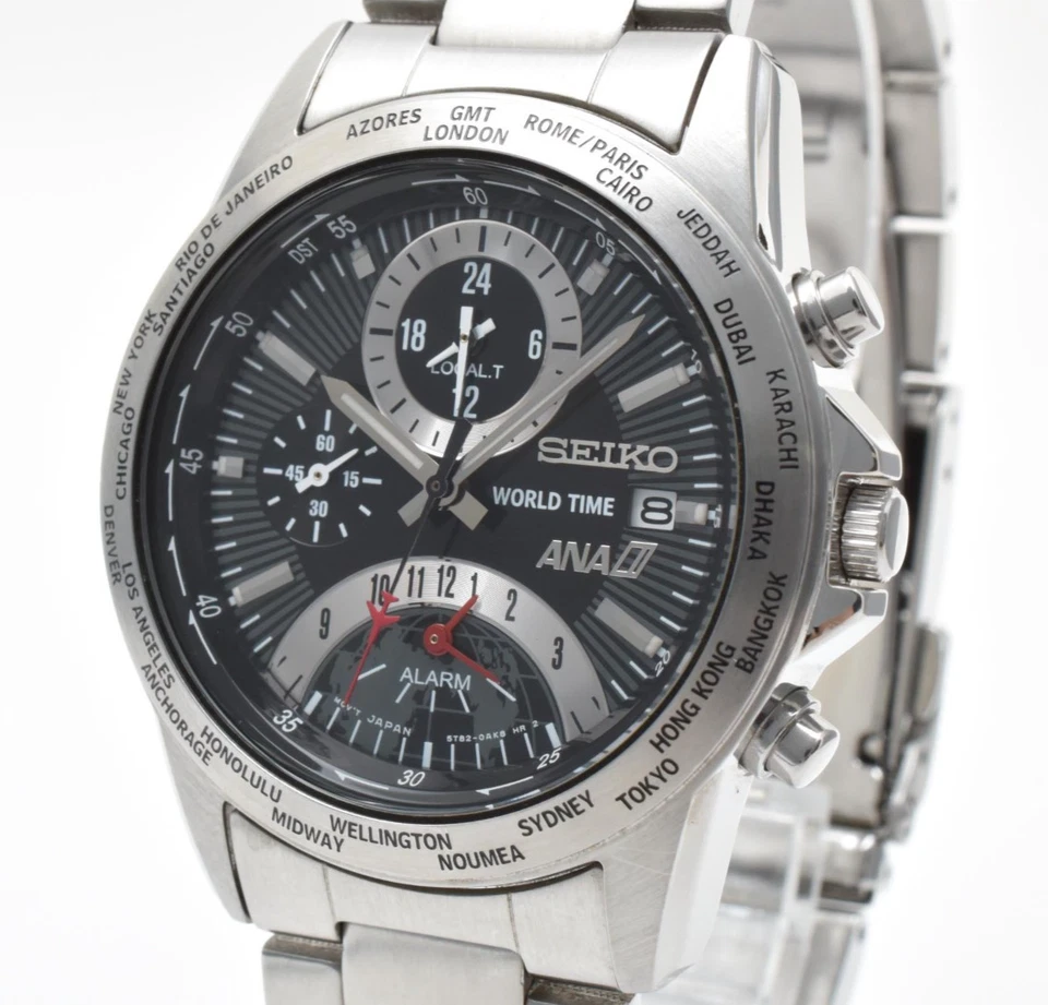 [COMO NUEVO] Reloj para hombre Seiko ANA World Time 5T82-0AJ0 cuarzo esfera negra de JAPÓN Foto 1 de 4