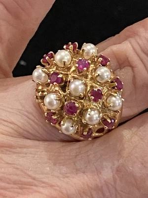 Vintage 14k YG Pearl And Ruby Dome Ring With Lattice Gold Work - Image 1 of 4
