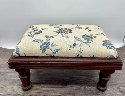 Antique Embroidered Flowers Padded Footstool, Solid Wood 13x10x8 Turned Legs - Image 1 of 4