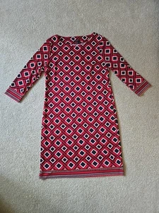 Talbots Red Navy Blue Mod Plaid Geo Shift Dress Medium Petite Stretch Excellent - Picture 1 of 9