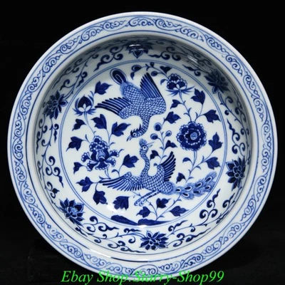 Bandeja de Plato 8.4" Antigua Dinastía China Yuan Azul Blanco Porcelana Patrón Fénix Foto 1 de 4