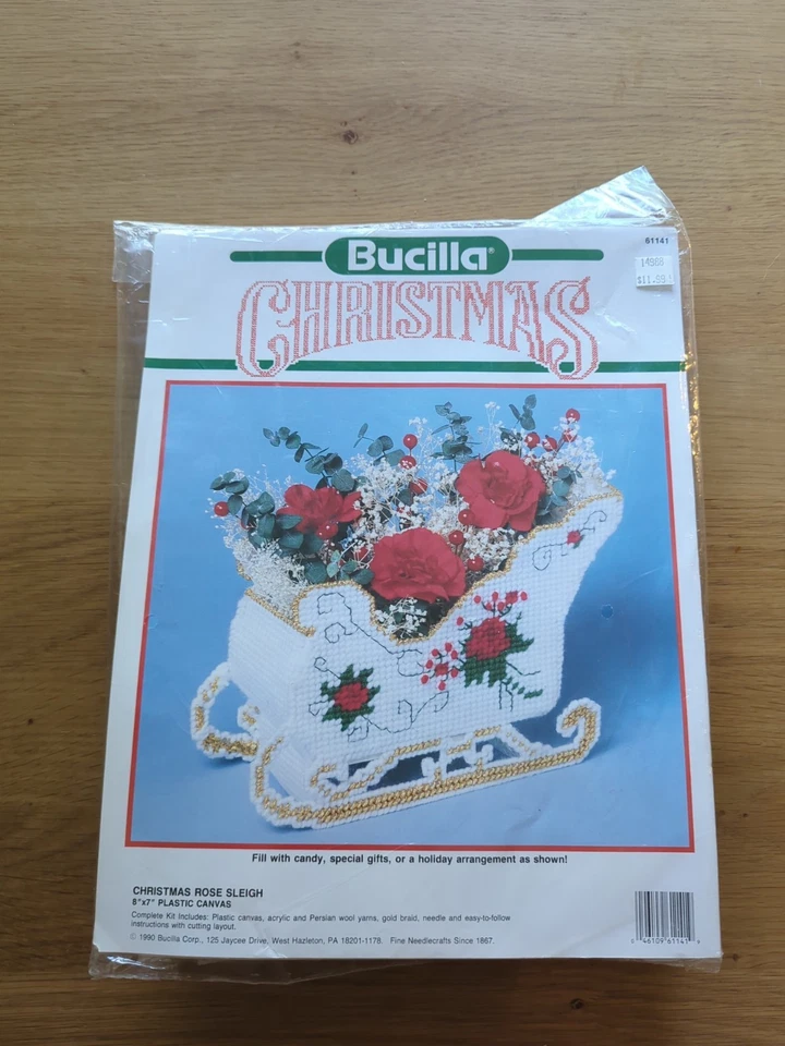 1991 Bucilla Christmas Rose Sleigh Plastic Canvas Kit 61141