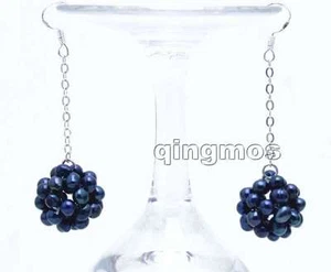 18-20mm Natural Black 4-5mm Pearl handwork Weaving Round Ball dangle Earring-488 - Picture 1 of 12