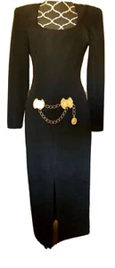 Vintage Joseph Ribkoff Creations Canada Black Gold Medallion Front SlitDress sz6 - Picture 1 of 12