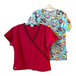 Marvel & Dickies Scrub Tops Set - S - Vibrant Fuschia & Cartoon Avengers Print - Picture 1 of 7