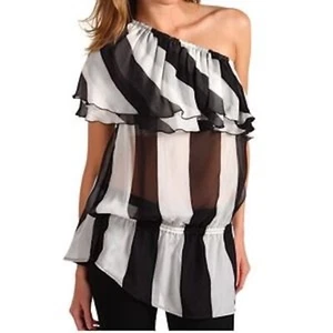 NWT L.A.M.B.  SILK one shoulder white black stripe BLOUSE ( S)  - Picture 1 of 9