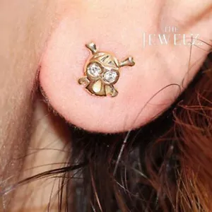 14K Gold 0.06 CT VS/F-G Diamond Skull Studs Earrings Halloween - The Jewelz - Picture 1 of 4