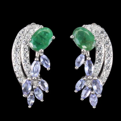 Sommer 925 Silber Ohrringe Oval Smaragd 7x5mm Cz Tansanit Edelstein Schmuck - Bild 1 von 4